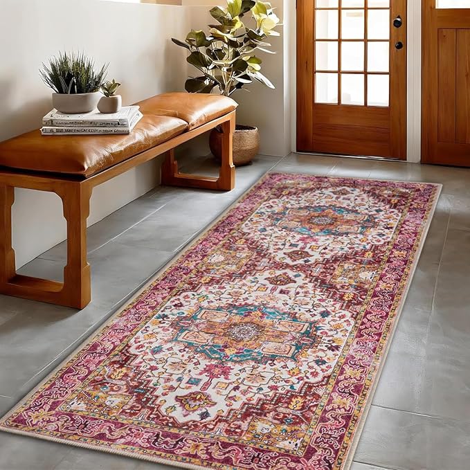 Runner Rug 2×6, Machine Washable Vintage Non-Slip Area Rug, Low Pile, Decorative Carpet Printed Floral Rugs for Living Room, Entryway, Kitchen, Bedroom, Plum
