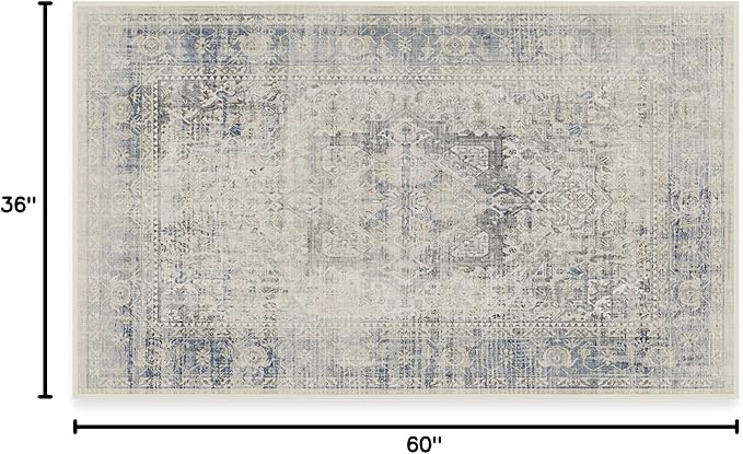 RUGGABLE Washable Vintage Area Rug – Kamran Blue Quartz 3x5, Stain-Resistant, Non-Slip – Small Machine Washable Rugs for Living Room, Bedroom, Hallway, Entryway & Office–with Standard Pad