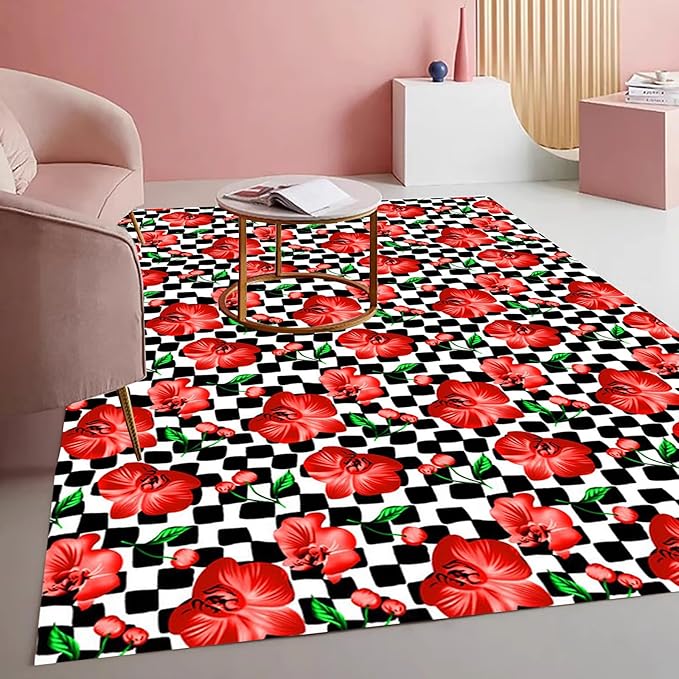 Black and White Checkerboard Pattern with Red Floral Pattern Area Rug for Living Room Bedroom Dining Room Office Guest Room Nursery Room Rustic Low Pile Thin Washable Indoor Mat 5x7