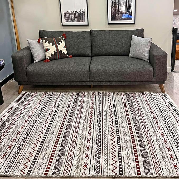 Alfa Rich 4x6 Red Burgundy White Gray Washable Area Rugs for Living Room Bedroom Kitchen Cotton Rug