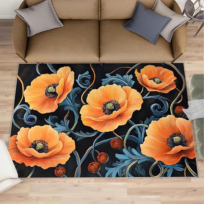 6x8 Poppy Classroom Rugs - Retro Florals Art Playroom Rug, Rustic Flowers Art Carpet Area Rug for Girls Bedroom Kids Room Basement Office Classroom
