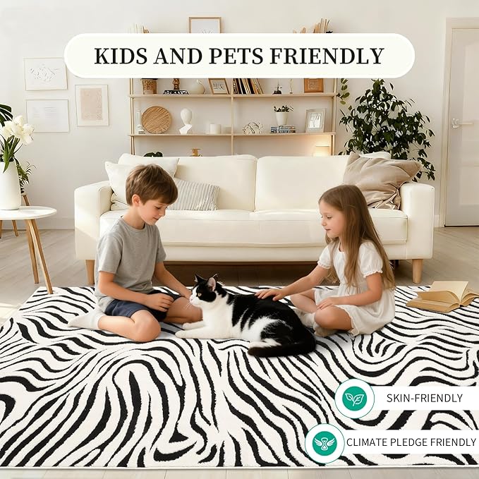 YIHOUSE 6×9 Ft Area Rugs for Living Room: Modern Washable Rug - Abstract Black and Cream White Rug for Bedroom Dining Room Office Playroom Nursery Home Decor - Nonslip Non-Shedding Striped Rugs