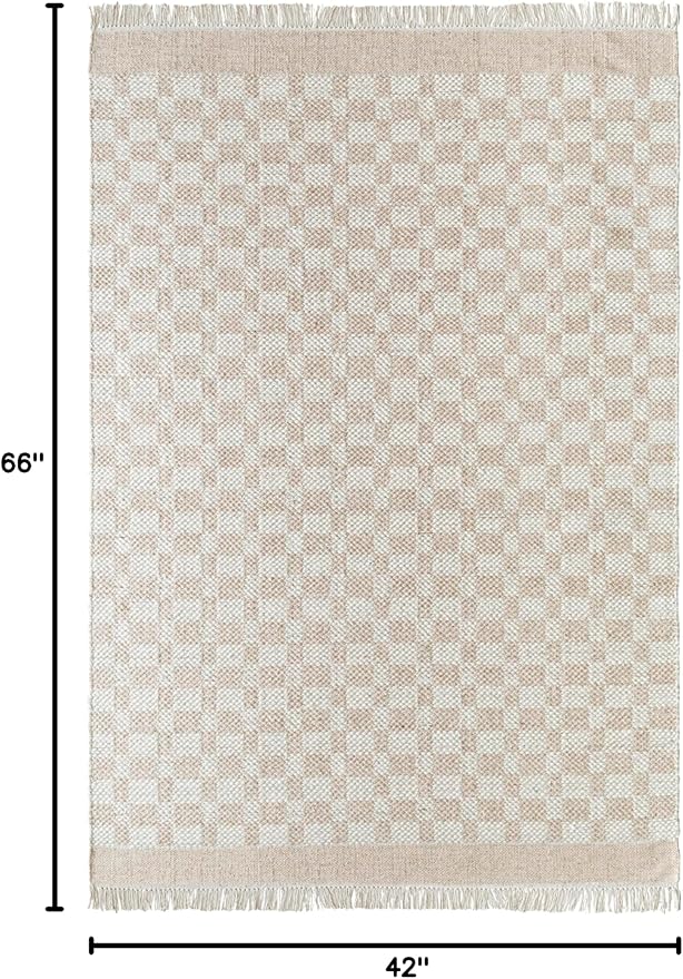 Mark&Day Wool Rugs, 4x6 Clinten Solid and Border Tan Checkered Rug, Tan Ivory Carpet for Living Room, Bedroom or Kitchen (3'6" x 5'6")