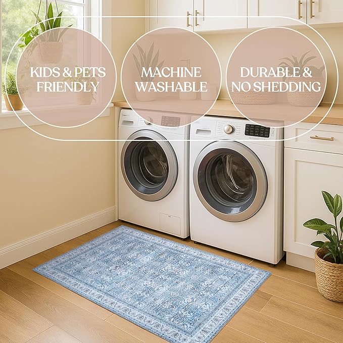 Fame Living Washable Area Rug. Modern Farmhouse. Vintage. Turkish. Bohemian. Distressed. Oriental. Traditional. Rugs for Living Room. Dining. Bedroom. Office. Entryway. Foyer. (866CBl, 2'5" x 9'8")
