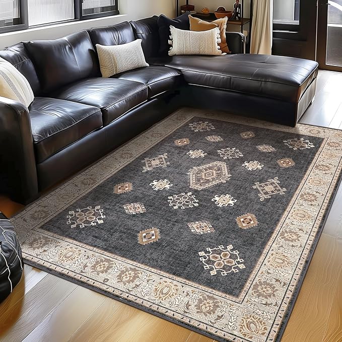 ILANGO Area Rugs 9'x12' Non Slip for Indoor Vintage Washable Rugs for Laundry Entryway Hallway Ultra-Thin Low-plie Floor Carpet for Bedroom Living Room Easy Cleaning