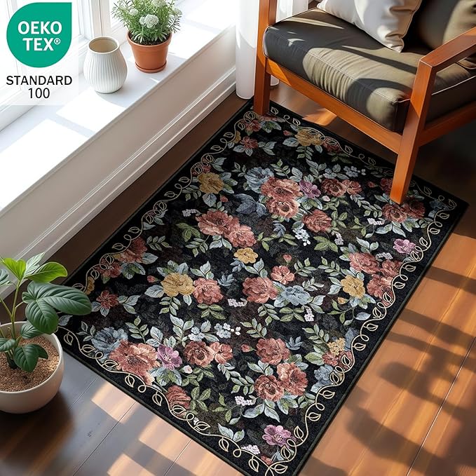 2x3 Machine Washable Area Rug for Entryway, Black Vintage Boho Floral Rug Non-Slip Low Pile Soft Faux Wool Small Carpet, Kids and Pets Friendly for Bedroom Kitchen Hallway Bedside Home Decor Rug