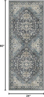 GENIMO 2x5 Washable Runner Rug for Hallway, Vintage Non Slip Low Pile Carpet, Soft Lightweight Printed Rug for Entryway, Kitchen, Corridor & Home Office, Slate Gray Blue