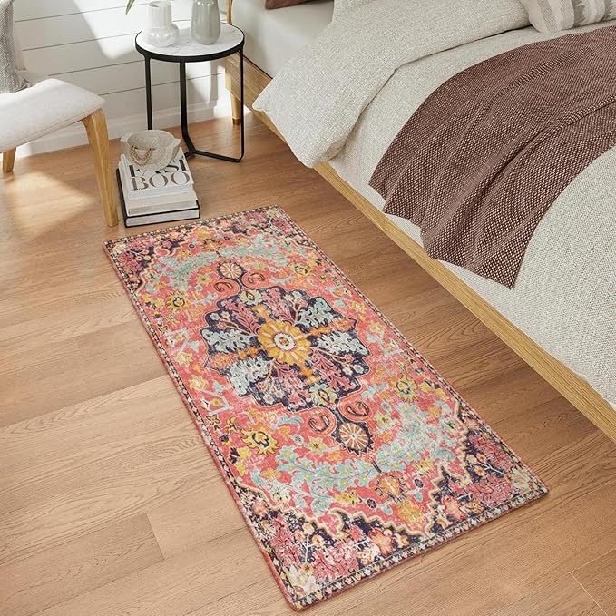 Lahome Bohemian Floral Medallion Runner Rug - 2x4 Hot Pink Bathroom Rug Runner, Machine Washable Non-Slip Hallway Mat Indoor Laundry Accent Carpet Runners for Kitchen Living Bedroom RV, Fuchsia/Multi