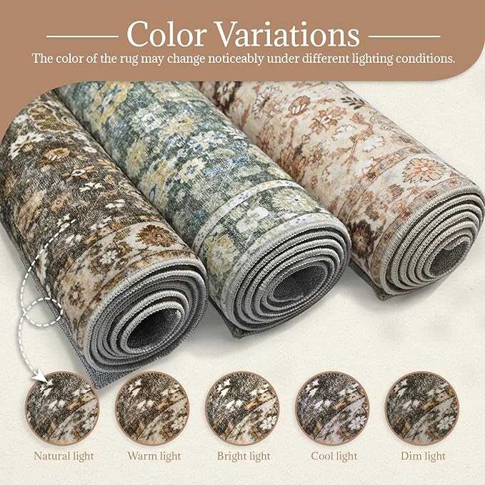 Washable Area Rugs 5'x7' Non-Slip Vintage Boho Distressed Fade Resistant Low Pile Carpet for High-Traffic Living Room, Bedroom & Dining Room