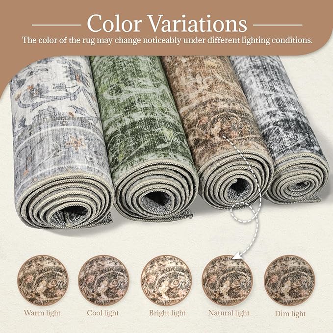 Washable Area Rugs 5'x7' Non-Slip Vintage Boho Distressed Fade Resistant Low Pile Carpet for High-Traffic Living Room, Bedroom & Dining Room