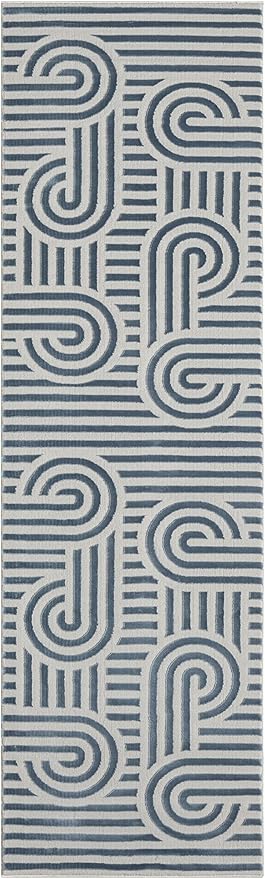 Annabel Modern Geometric Runner Rug for Kitchen, 2x7 Contemporary Arched and Linear Blue Runner, High-Low Pile Stain Resistant Carpet for Bedroom, Hallway or Entryway (2' x 7', Blue)