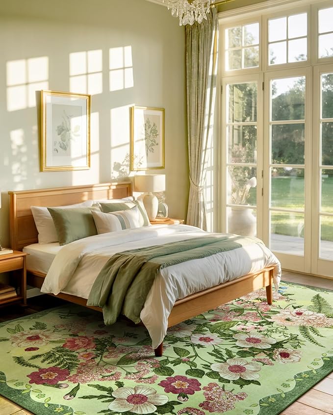 Floral Area Rug Living Room - 8x10 Washable Rugs Low Pile Non-Slip Soft Bedroom Rugs Under Bed Stain Resistant Accent Indoor Vintage Carpet for Dining Room Nursery Home Office Decor, Green