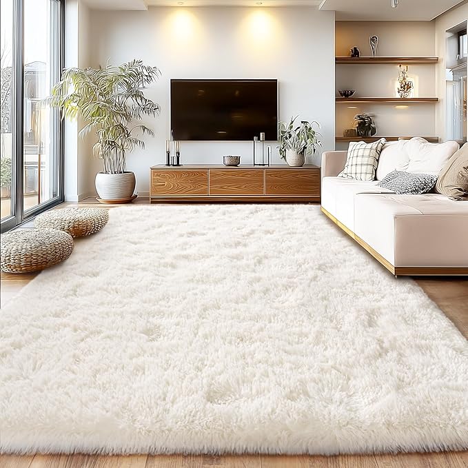 Cream White Plush Rug for Living Room Fuzzy Carpet for Bedroom Dorm, Non-Slip High Pile Rug, Shag Rug for Playroom Nursery Home Office Decor 5X7 Ft
