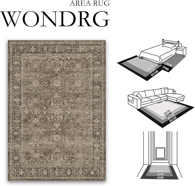 9x12 Brown Area Rug for Living Room Bedroom Neutral Vintage Soft Non Slip Rug Low Pile Distressed Large Carpet for Dining Room Nursery Office Indoor