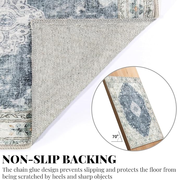 MUJOO Blue Grey Rug 8'x10' Rugs for Living Room Large Washable Area Rug Boho Rug for Bedroom Non Slip Vintage Abstract Soft Low-Pile Floral Flowers