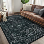 Vintage Black Washable Area Rugs 5x7 for Living Room, Distressed Medallion Printed Rugs for Bedroom, Non Slip Washable Low Pile Thin Carpet Rugs for Dining Room/Kitchen/Foyer/Home Office