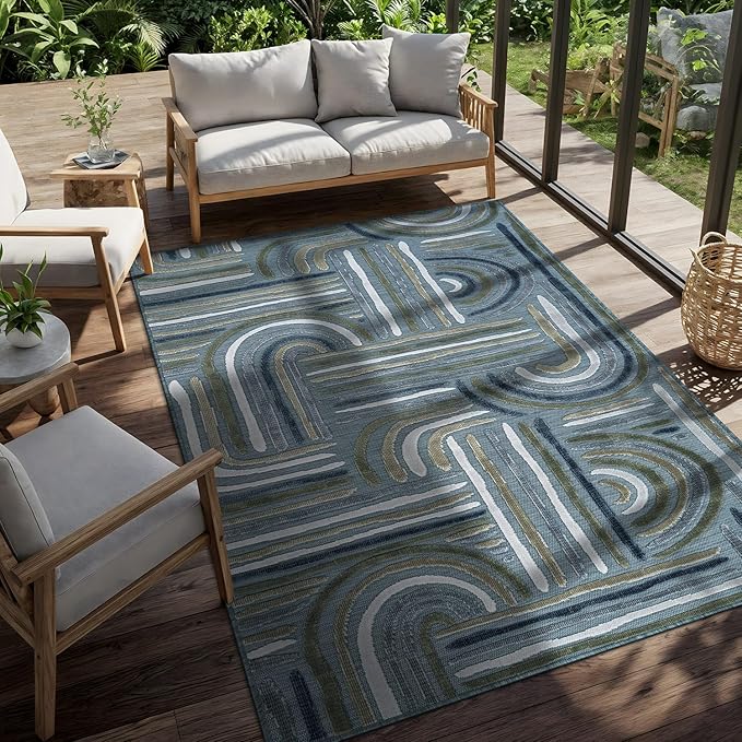 CAMILSON Indoor Outdoor Rug, Aqua 8x10 Geometric Arch Striped Area Rugs for Patio and Home Areas, Easy-Cleaning Non-Shedding Living Room, Garden and Deck Washable Outside Carpet (8 x 10)