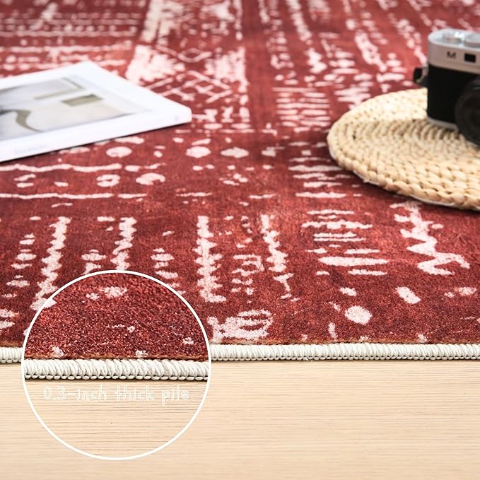 Rugcomf Living Room Rug 6x9 Rug Machine Washable Boho Area Rug Non Slip Moroccan Vintage Low Pile Large Rug for Living Room, Bedroom, Farmhouse, Dining Room, Kids Playroom(Terracotta)