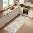 Runner Rug Kitchen Washable Rugs: 3x8 Non-Slip Boho Soft Vintage Stain Resistant Indoor Floor Neutral Farmhouse Throw Carpet for Hallway Bathroom Laundry Room Entryway Bedroom- Cream