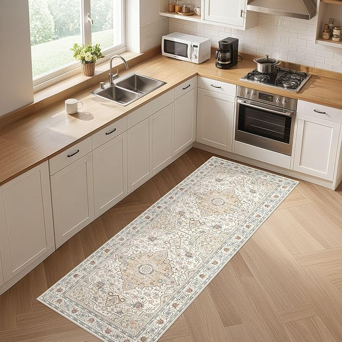 Runner Rug Kitchen Washable Rugs: 3x8 Non-Slip Boho Soft Vintage Stain Resistant Indoor Floor Neutral Farmhouse Throw Carpet for Hallway Bathroom Laundry Room Entryway Bedroom- Cream