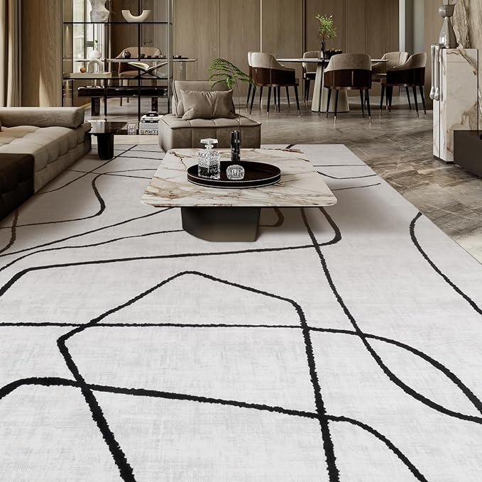 YIHOUSE Modern Washable Area Rug for Living Room Bedroom - Large Abstract Black and White Rug Non-Slip Ultra-Thin Home Decor (Abstract, 9'x12')