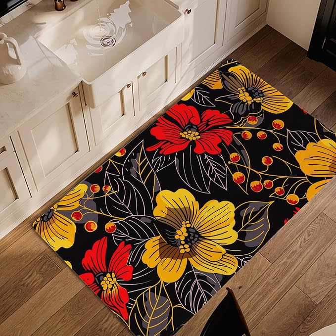 Black Floral Washable Living Room Area Rug, Low Profile Abstract Pattern, 3x5 Non-Slip Backing Carpet for Kitchen, Bedroom, Dining Room