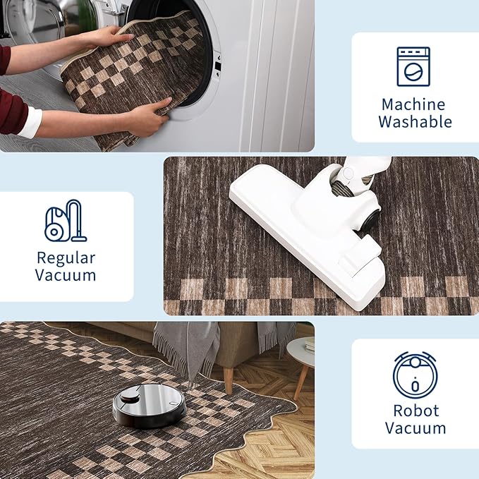 GarveeHome Scalloped Washable Rug 9x12 Area Rug for Living Room Modern Border Large Bedroom Throw Carpet with Rubber Backing Stain Resistant Boho Rug for Dining Room Home Decor Office, Brown