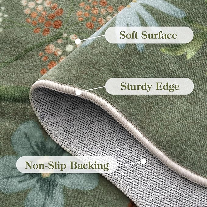 Lahome Floral Runners for Hallways, 2X6 Kitchen Runner Rug Ultra-Thin Soft, Non-Slip Hallway Rug Stain Resistant Boho Low-Pile Carpet for ‎Laundry Bathroom Bedroom(2x6ft,Green)
