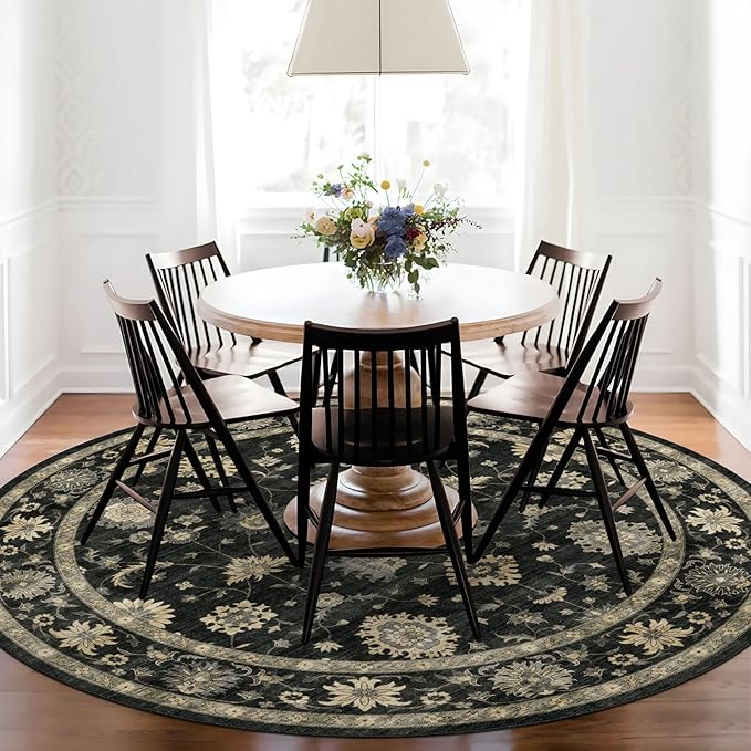 Washable Round Area Rug 8ft - Charcoal Black Traditional Floral Living Room Circle Rug 8x8 Non-Slip Farmhouse Dining Room Carpet Soft Vintage Boho Round Rugs for Bedroom Office Entryway
