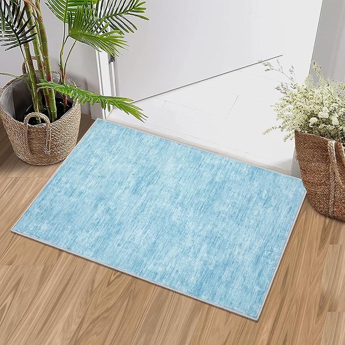 RUGSREAL Small Area Rug 2x3 Entryway Mat with Rubber Backing Stain Resistant Throw Carpet Modern Solid Color Bath Mat Contempowary Washable Rug for Living Room Bedroom Dining Room Kitchen, Blue 2x3