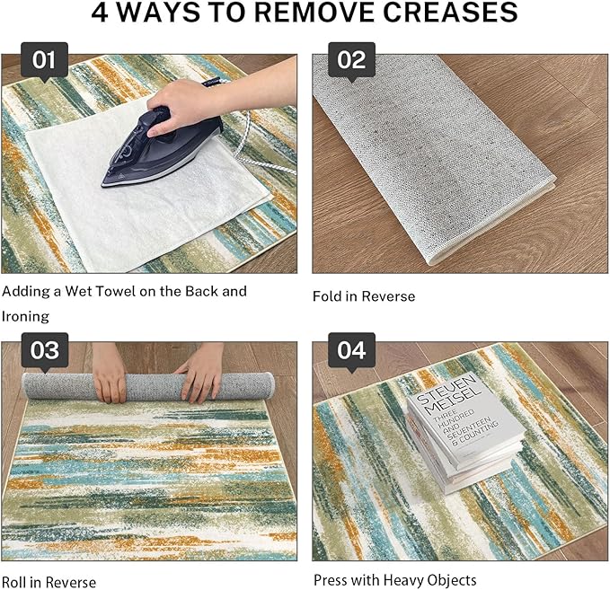 Modern Abstract 4x6 Living Room Washable Rug Non-Slip Soft Bedroom Area Rug Green Mustard Multi Thin Print Faux Wool Floor Carpet Throw Rugs for Nursery Playroom Dining Room Indoor Office