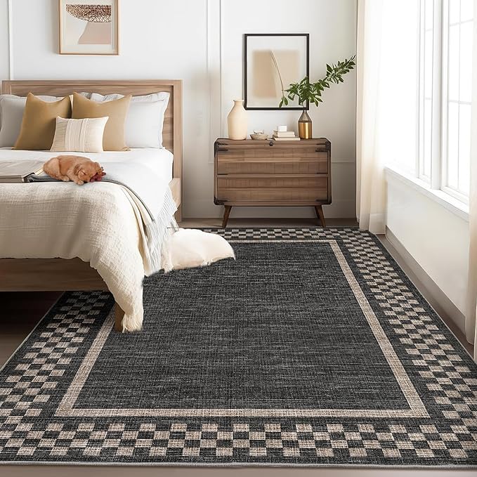 GarveeHome Washable Area Rugs 8x10 Non Slip Soft Large Living Room Rug Modern Checkered Bedroom Rug Soft Geometric Bordered Throw Carpet for Dining Room Home Decor Office Nursery, Black