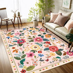 Floral 3x5 Area Rug Machine Washable Soft Print Boho Carpet Non Slip Doormat Low Pile Flower Area Rugs for Living Room Bedroom Nursery Kitchen Dining Room Indoor-Pink
