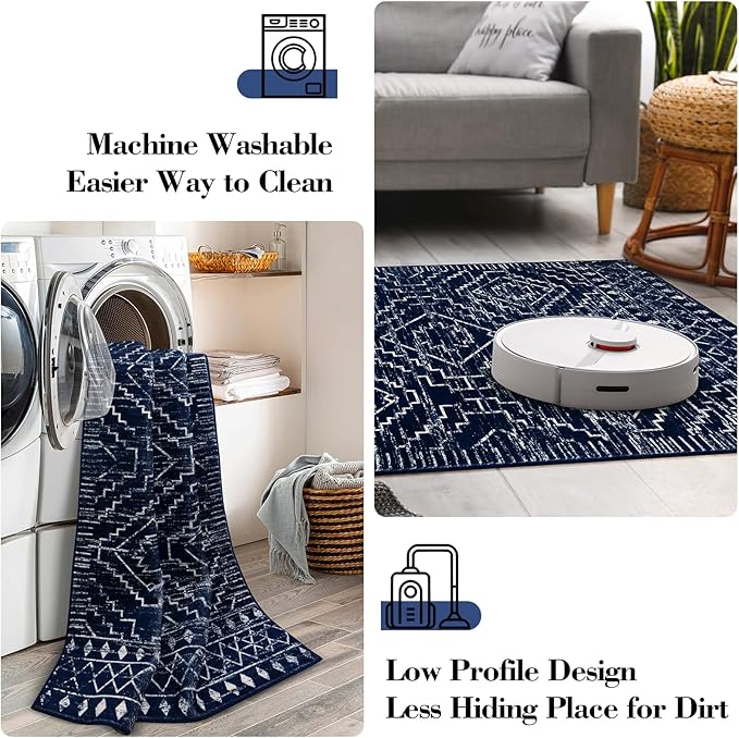 Wonnitar Moroccan Hallway Runner Rugs, 2'6"x10' Washable Non-Skid Blue Runner Rugs for Kitchen, Boho Non-Shedding Soft Long Runner Geometric Low Pile Carpet for Entryway Bathroom (Blue,2'6"x10')