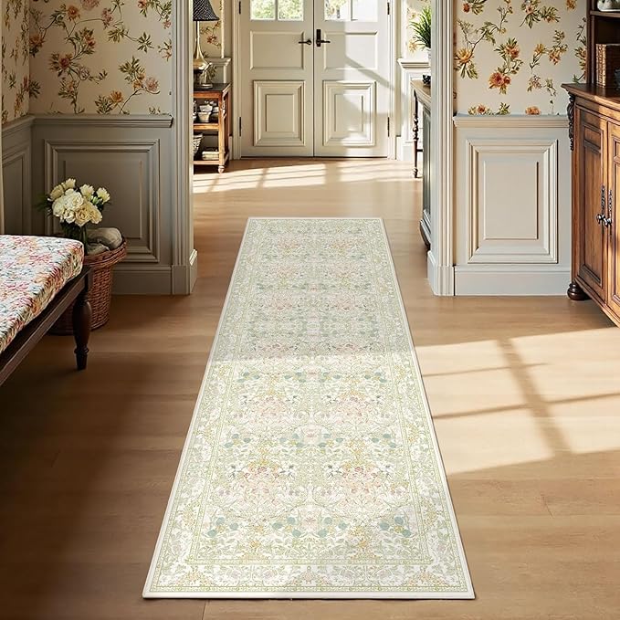Lunasun Sage Green Long Bedroom Bedside Runner Rugs, 2x6 Non Slip Boho Floral Throw Rug for Kitchen, Hallway, Indoor Entrance, Foyer, Bathroom - Farmhouse Thin Front Door Low Pile Mat