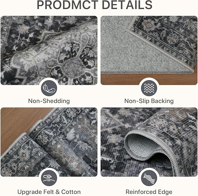 8x10 Area Rugs for Living Room, Machine Washable Non Slip Vintage Rugs, Low Pile Lightweigt Print Indoor Rug for Bedroom, Dining Room, Home Office, Dark Gray