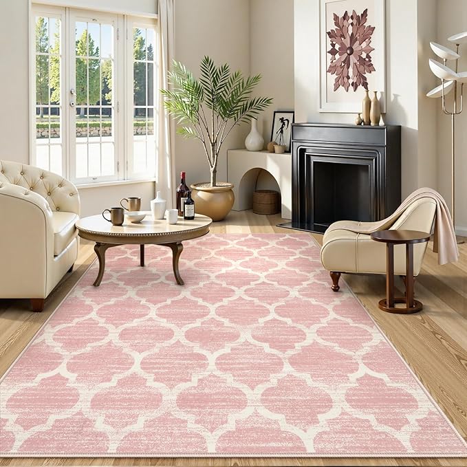 Lahome Nursery Rug 5x7 Area Rugs for Living Room,Washable Pink Rugs for Bedroom Girls,Soft Low-Pile Indoor Floor Boho Carpet for Kids Playroom Dorm