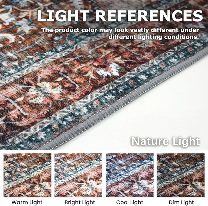 KOZYFLY Boho Area Rug 9x12 Ft Thin Rugs for Living Room Washable Bedroom Rug Non Slip Rugs Printed Faux Wool Vintage Bedroom Rug Floor Carpet for Dining Room Living Room, Brick Red/Orange/Green