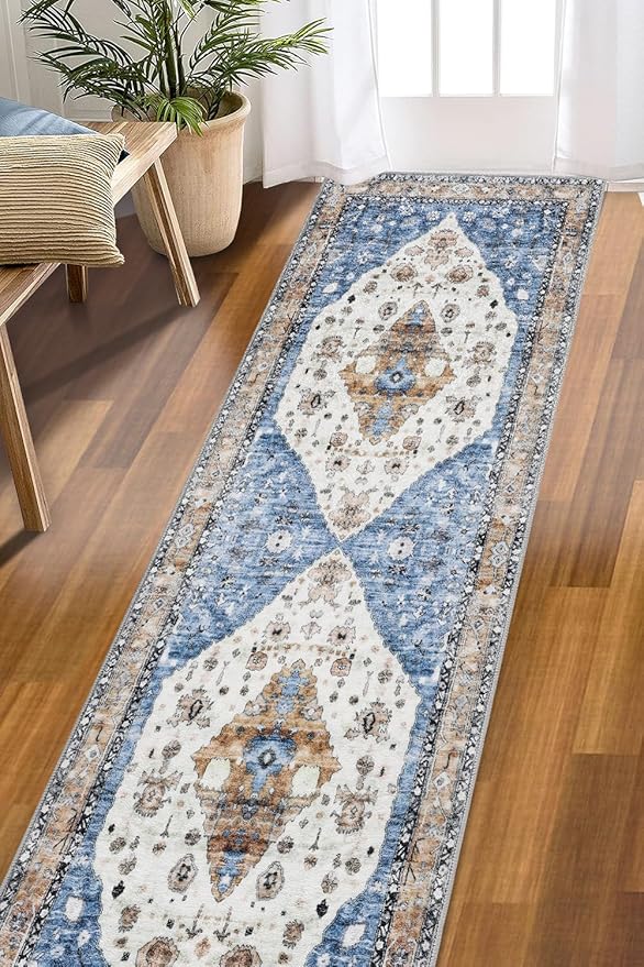 COMSLE Boho Runner Rug, 2 x 7 Ft Washable Area Rugs for Hallway Faux Wool Small Kitchen Distressed Throw Rug Non-Slip Laundry Room Carpet Runner for Entryway Indoor Door Mat Bedroom