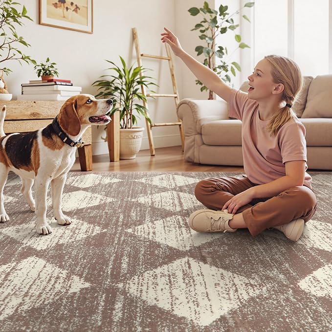 Lahome Moroccan Treills Runner Rug - 2x6 Beige Washable Rug Runner Carpet Runners for Hallway 6ft Non Skid, Checkered Faux Wool Long Kitchen Bathroom Non Skid Runners for Bedroom Hallway Entryway