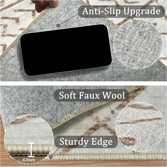 6x9 Machine Washable Area Rug for Living Room, Brown White Vintage Moroccan Rug Large Non-Slip Low Pile Soft Faux Wool Carpet, Kids and Pets Friendly for Bedroom Dining Room Farmhouse Home Decor Rug