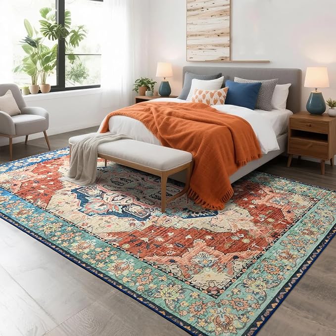 Area Rugs 6x9, Low Pile Washable Rugs, Soft Vintage Distressed Rugs for Living Room Bedroom, Office, Dining Room, Water Repellent & Non Shedding, Terracotta