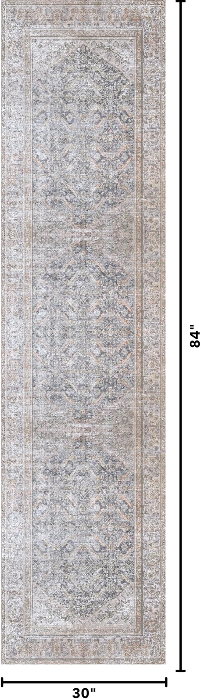Kuden 2'6"x7' Runner Rug, Machine Washable Area Rug with Non-Slip Backing, Vintage Style, Soft, Easy Clean, Low Pile Rug for Hallway, Entryway, Kitchen, Bedroom
