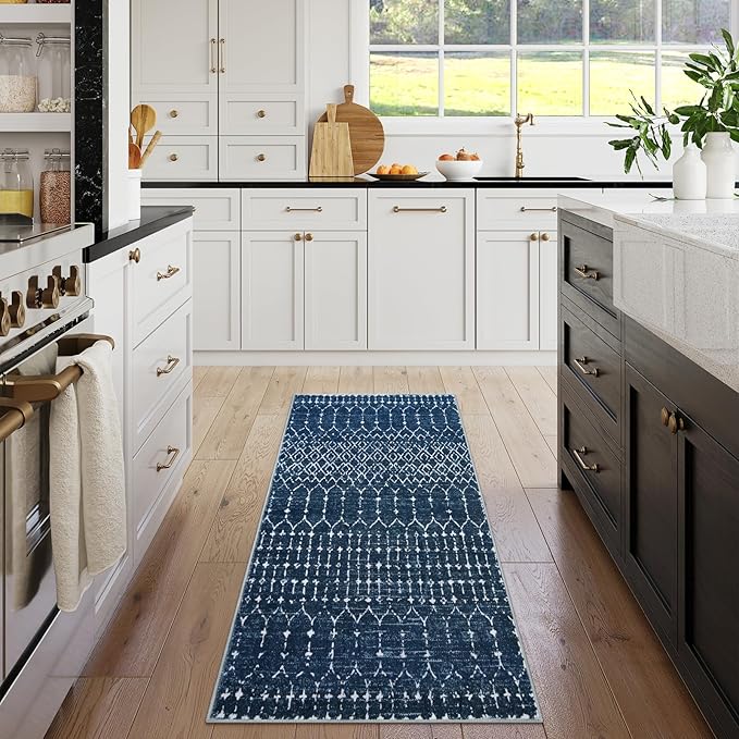 Lahome Moroccan Runner Rugs for Hallway 2x4 Bathroom Rugs Non-Slip Small Throw Kitchen Carpet Low-Pile Mat for Entryway Laundry Room Mat Geometric Indoor Carpert for Entrance Bath (Blue,2'x4')