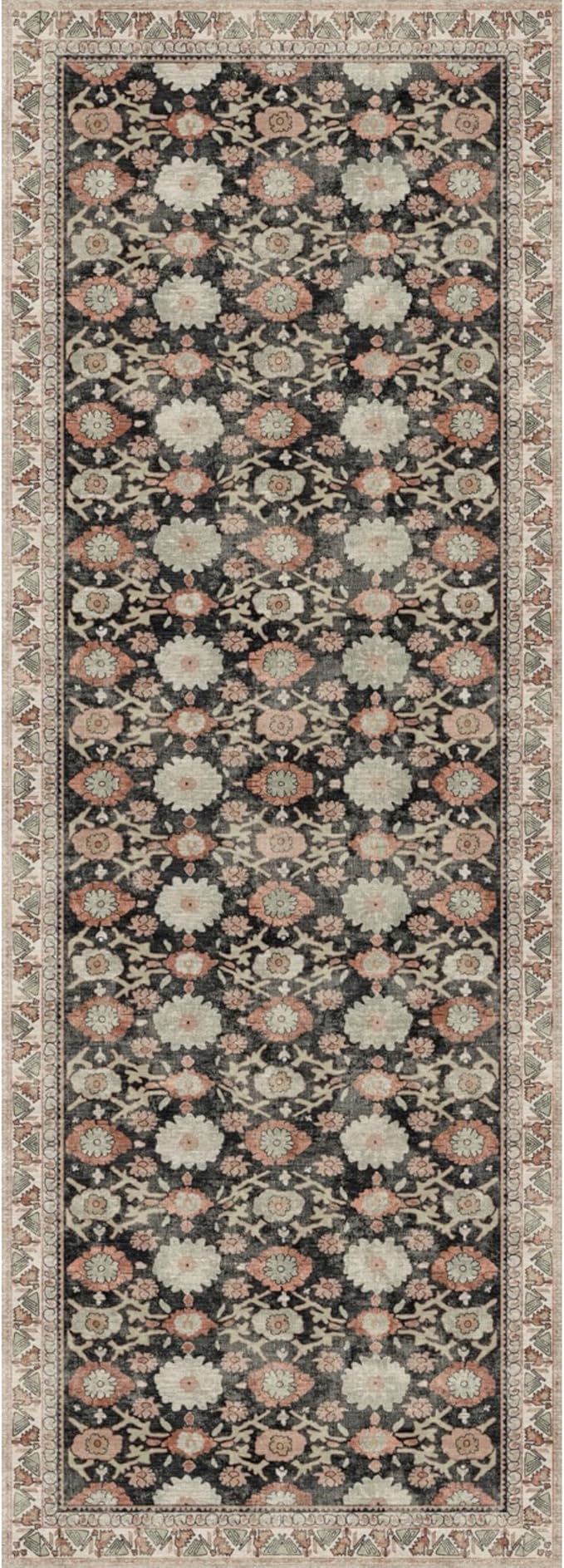Kuden 2'6"x12 Runner Rug, Machine Washable Area Rug with Non-Slip Backing, Vintage Style, Soft, Easy Clean, Low Pile Rug for Hallway, Entryway, Kitchen, Bedroom