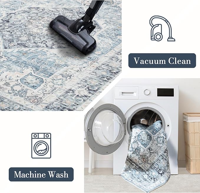 Area Rug 5×7, Vintage Boho Rug,Ultra-Soft Low Pile, Washable, Non Slip,Stain Resistant Printed Carpet for Living Room Bedrooms Playroom Office Kitchen, Light Blue