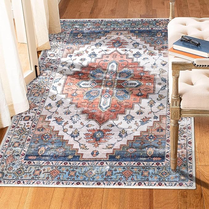 COMSLE Area Rug 4x6 Faux Wool Rugs for Kitchen, Boho Washable Throw Rugs Non-Slip Distressed Carpet Soft Accent Floor Rug for Bedroom, Living Room, Laundry Room (Rust Red)