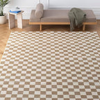 Revival Rugs Gambit 7'10"x10' Checkered Rug Washable Area Rug for Living Room Bedroom - 100% Recycled Oeko-TEX Certified, Medium Pile, Camel, Beige