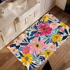Pink Flowers Summer Area Rug for Living Room, Non-Slip Backing Low Pile Modern Abstract Rug for Indoor Use, 3x5 Washable Carpet