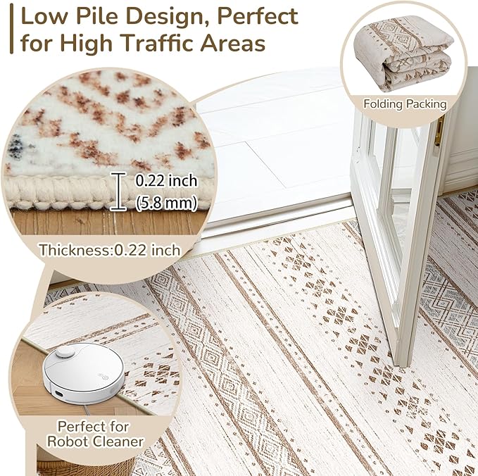 BESTSWEETIE 2x10 Area Rugs for Living Room Washable Moroccan Farmhouse Neutral Geometric Low Pile Non-Slip Soft Print Pattern Rug for Bedroom Kitchen Dining Room Entryway Cream/Brown/Pink